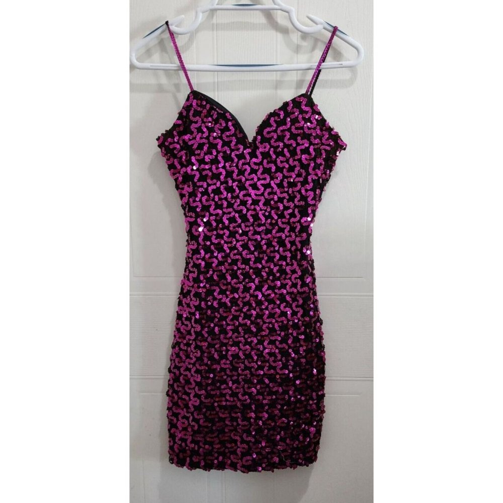 Vtg Faviana Women's Sleeveless Mini Dress Sweetheart Neck Sequin Pink Y2K Sz 7/8